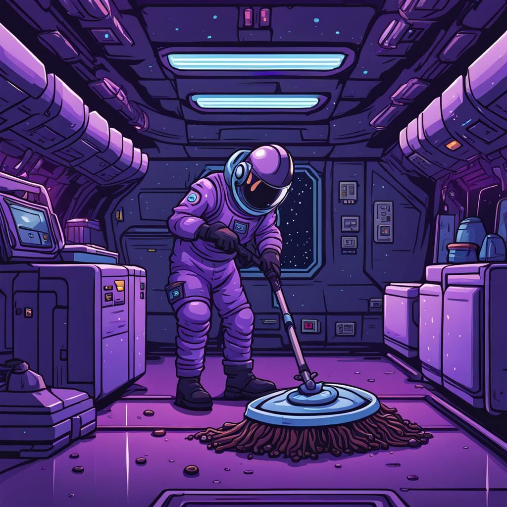 Space Station Janitor Cleaning Alien Guts: Pixel Art