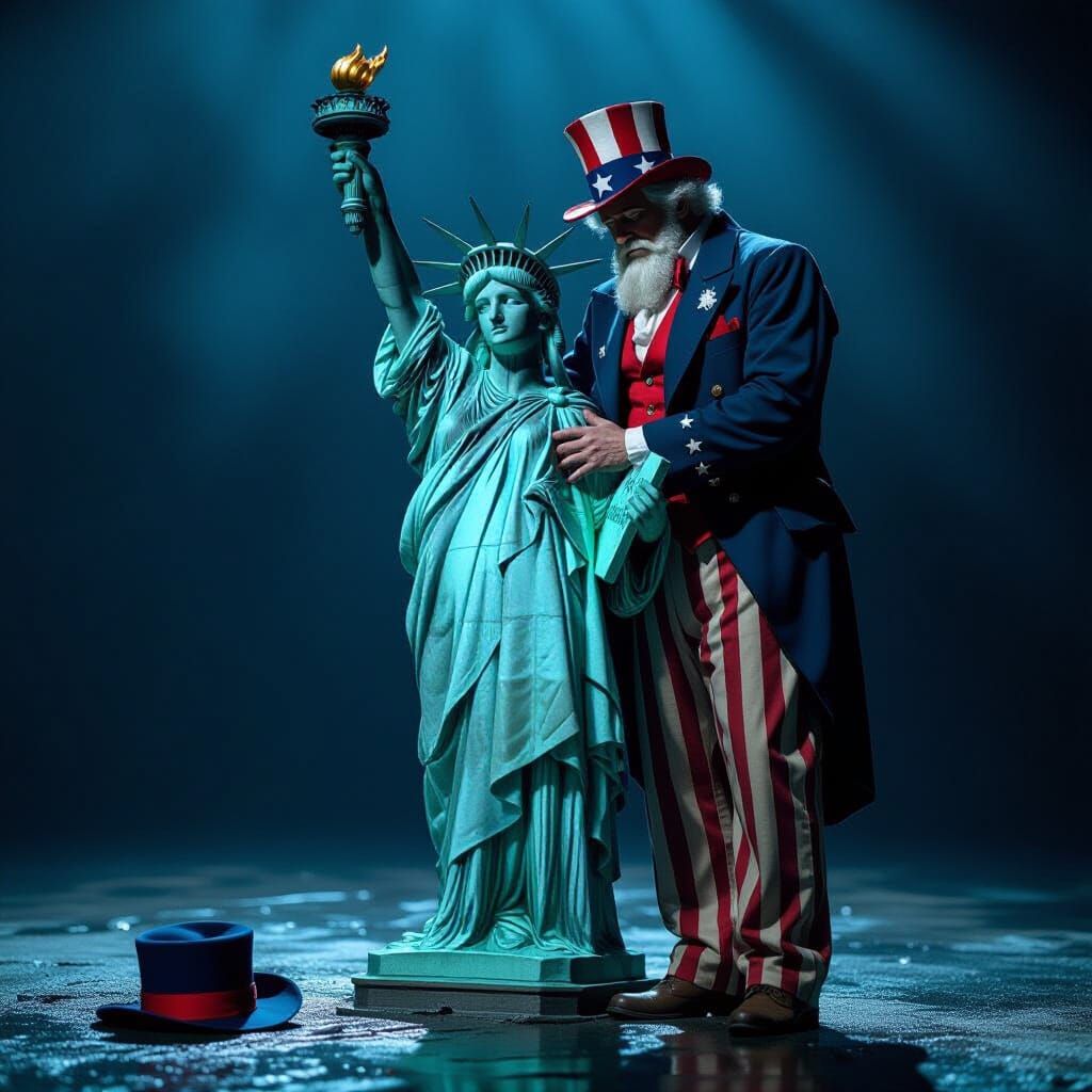 Distraught Uncle Sam and Statue of Liberty Embrace