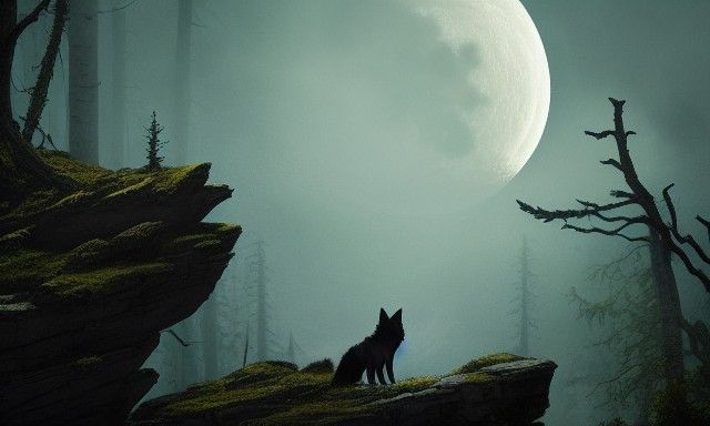 Wolf Howling at Moon in Dark Green Forest