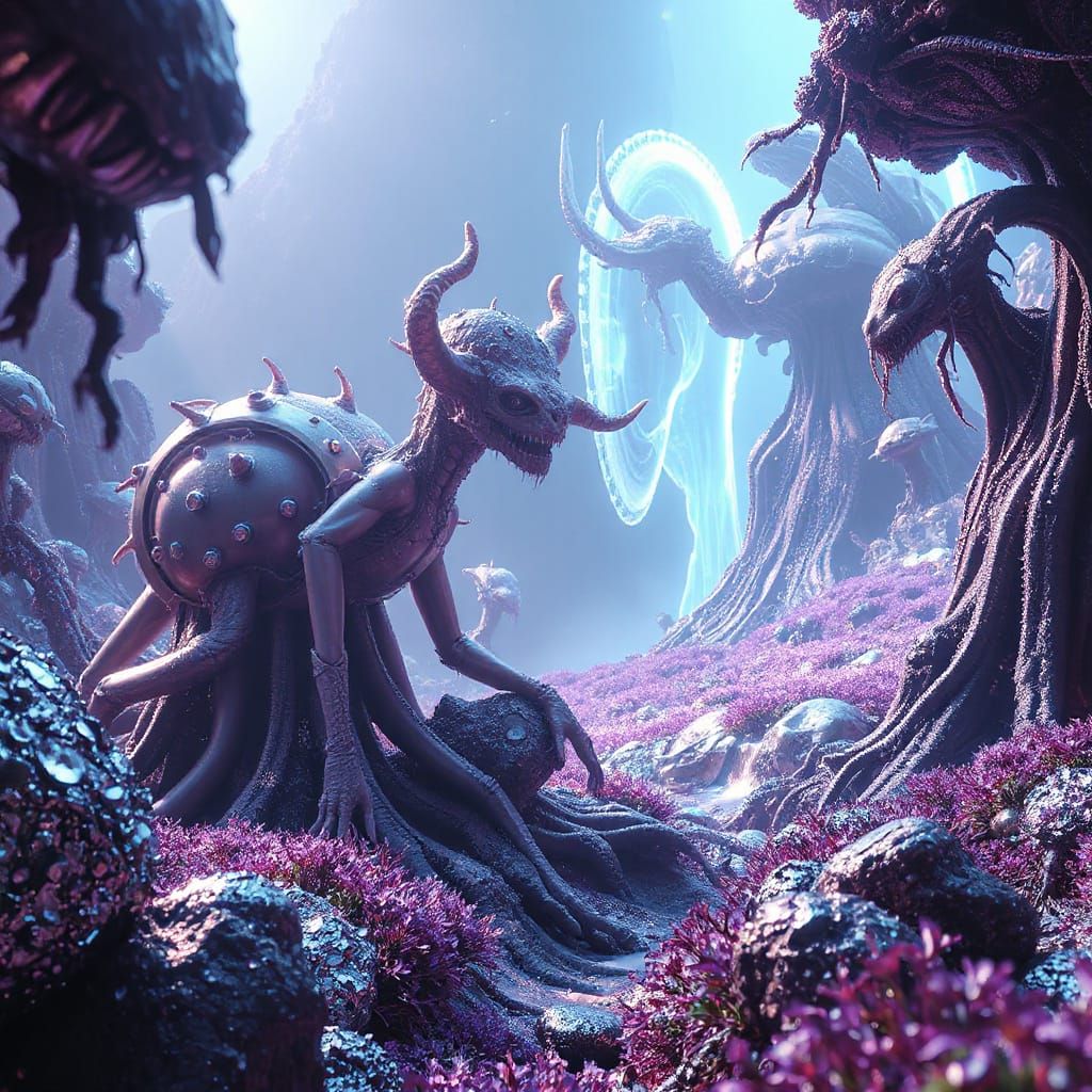 Surreal Biomechanical Landscape with Metallic Flora