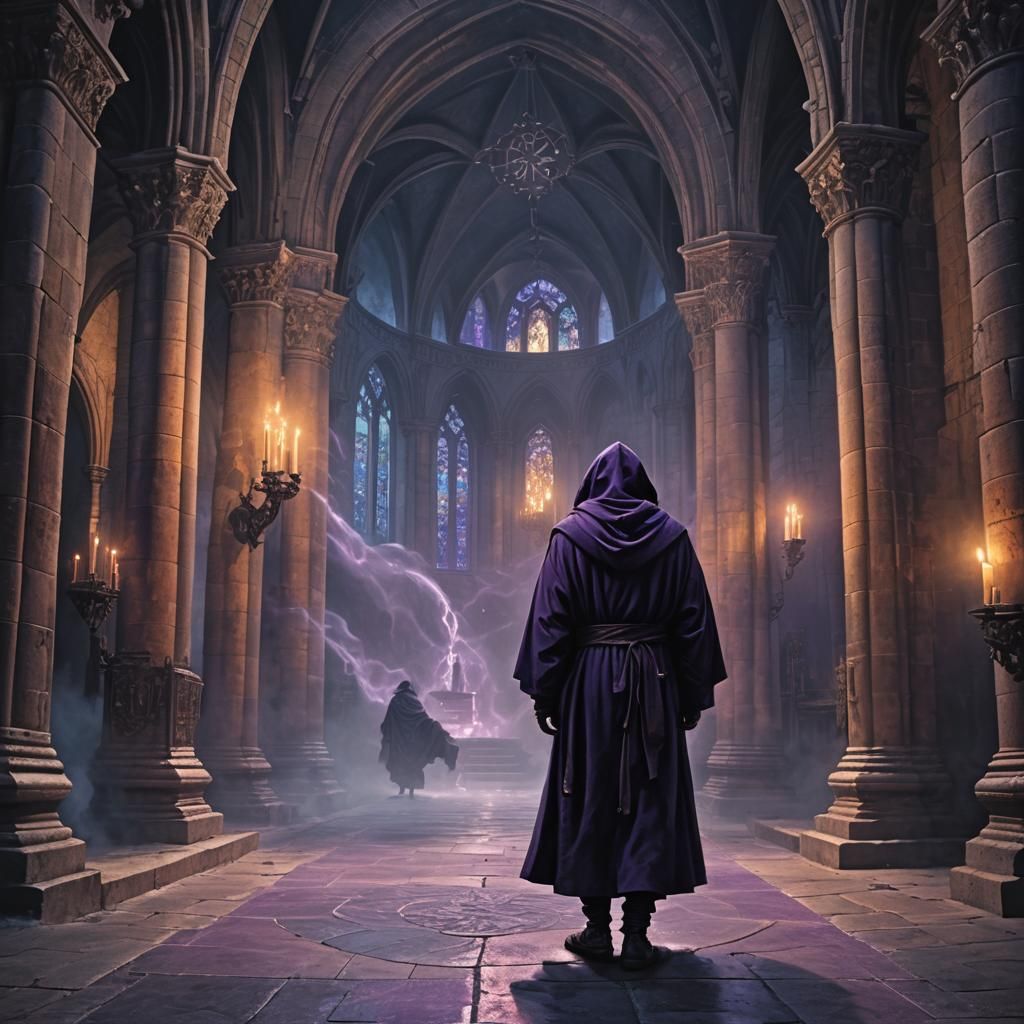 Hooded Monk in Gothic Cathedral: Dark Fantasy Art