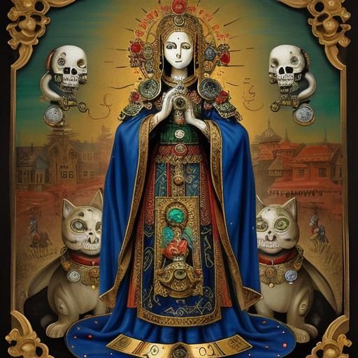 Maneki Neko Skull as Virgen de Guadalupe Painting