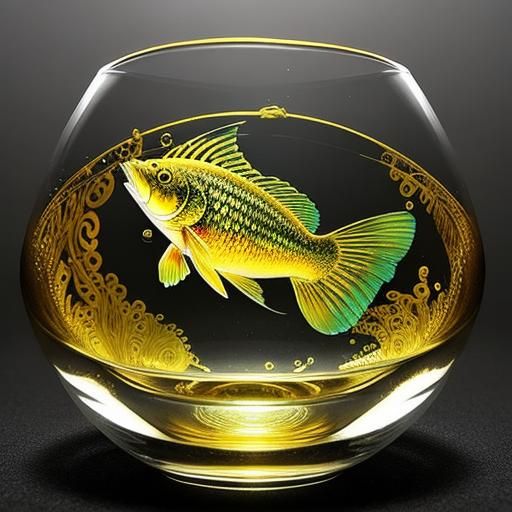 a fisherman fishes a golden fish inside a fancy transparent teacup