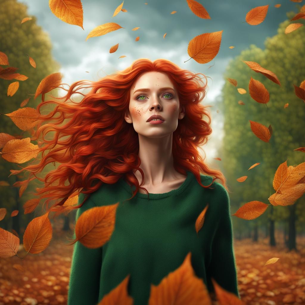 Red-Haired Woman in Autumn Wind, Fantasy Art