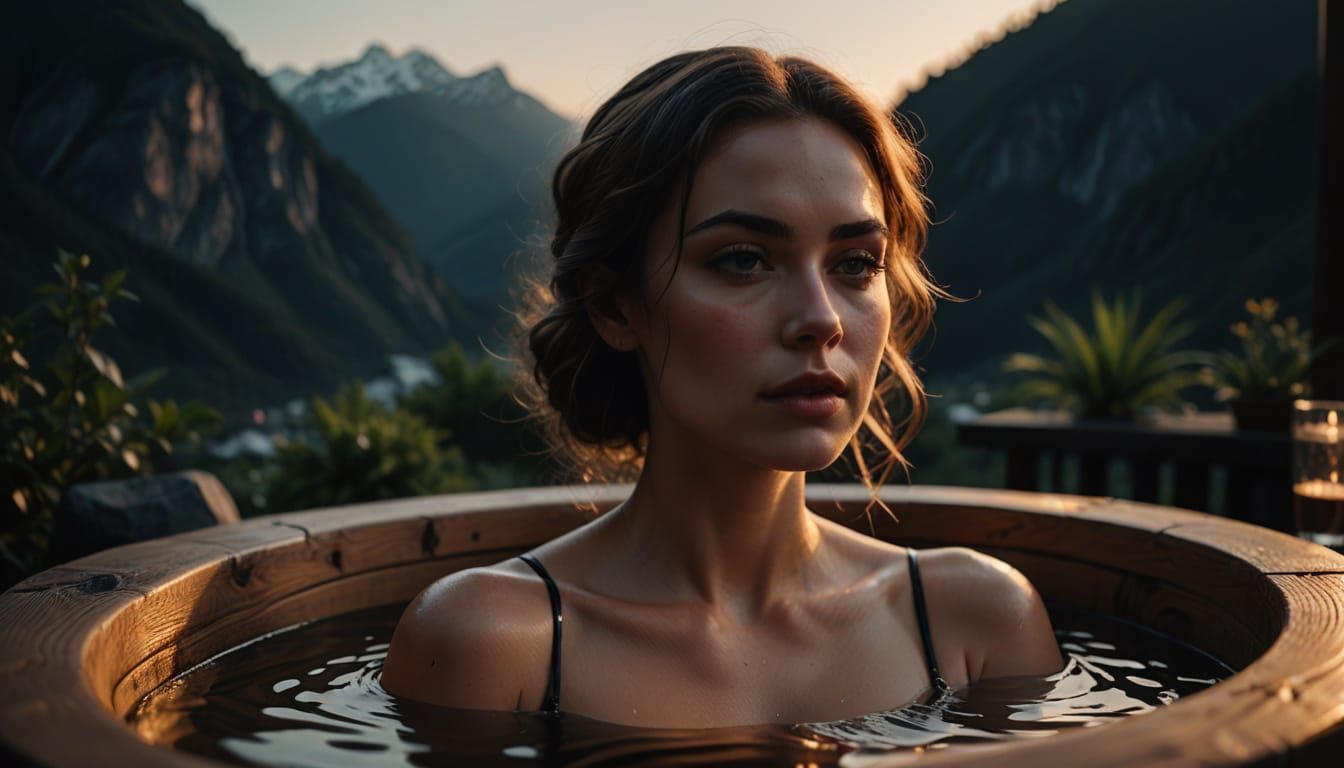 Elegant Woman Basks in Golden Hour, Surrounded by Mountains