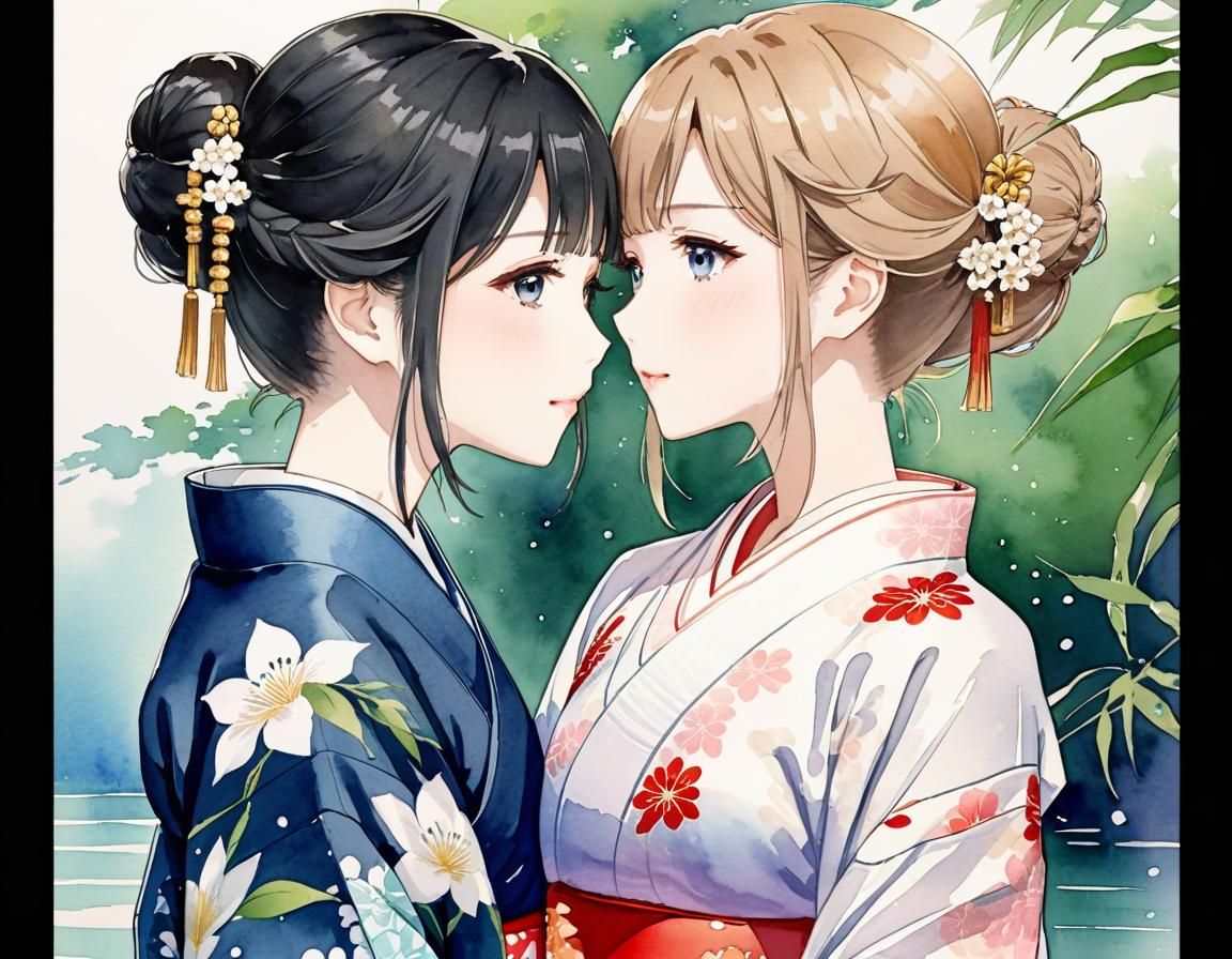 Elegant Girls Sharing Secrets in Anime Watercolor Style