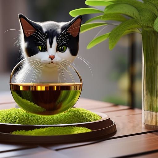 Calico Cat Mesmerized by Beta Fish in Bowl