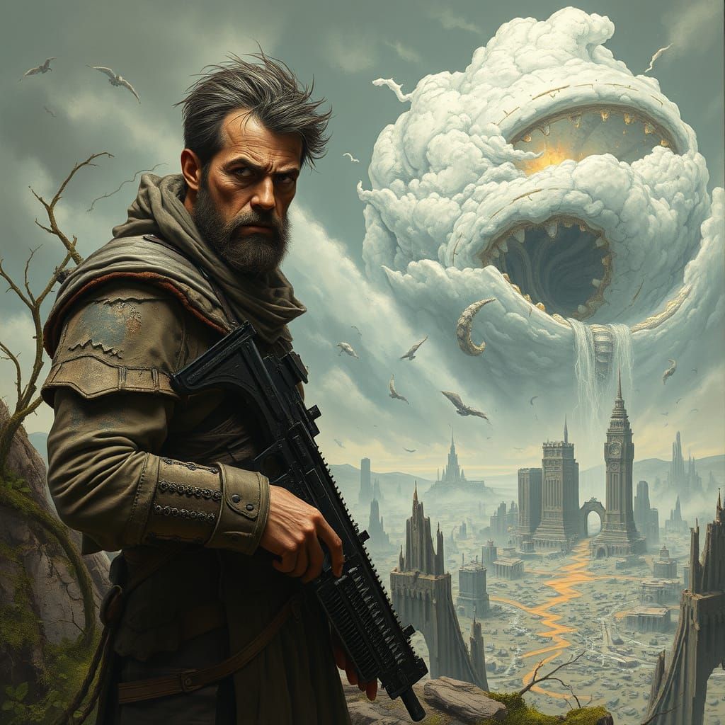 Weathered Warrior Stands at Edge of Apocalypse