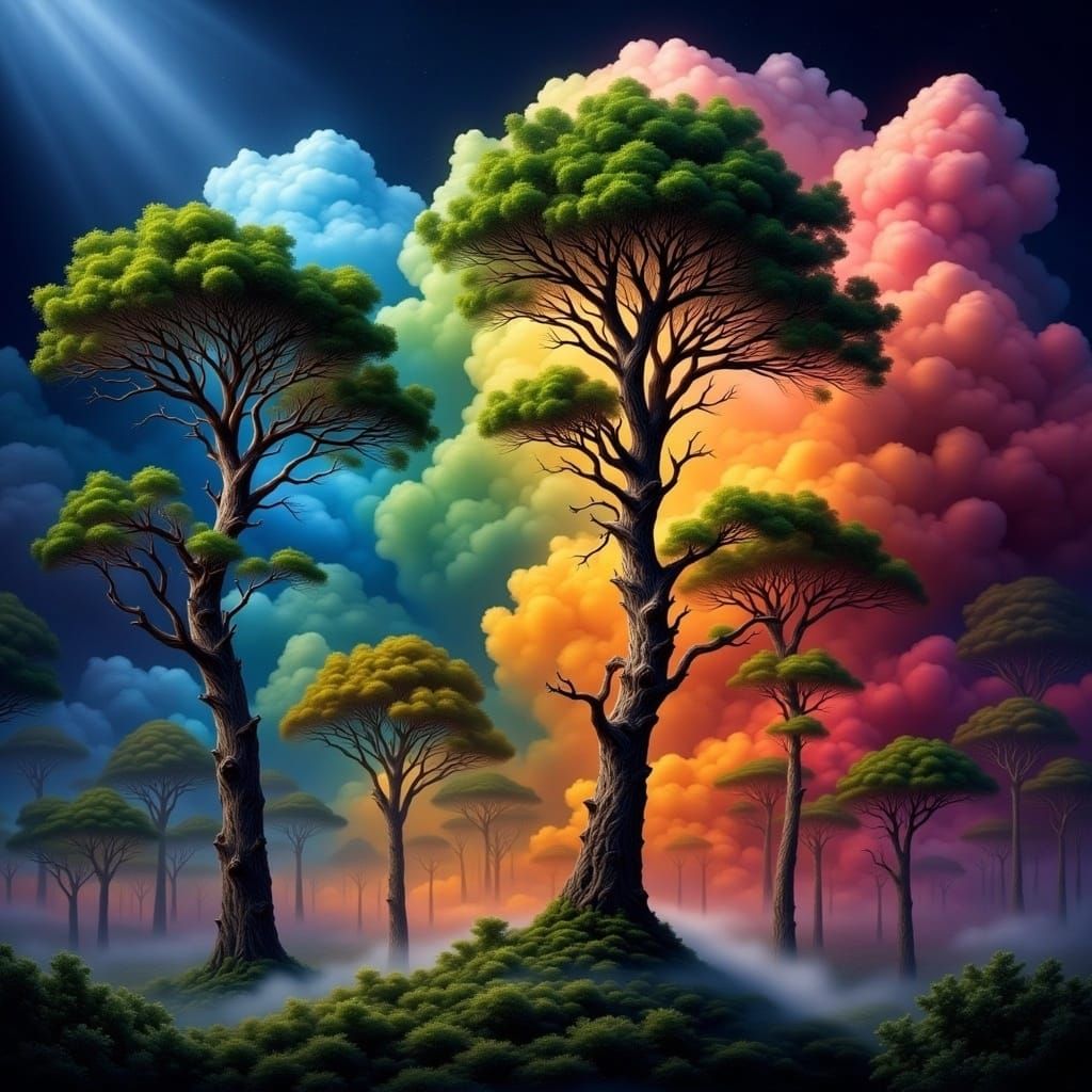 Surreal Fantasy World with Rainbow Clouds and Majestic Trees