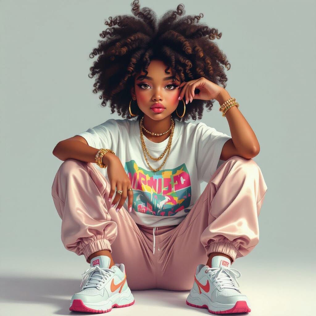 Dreamy Black Girl with Afro Puffs in Digital Art Style