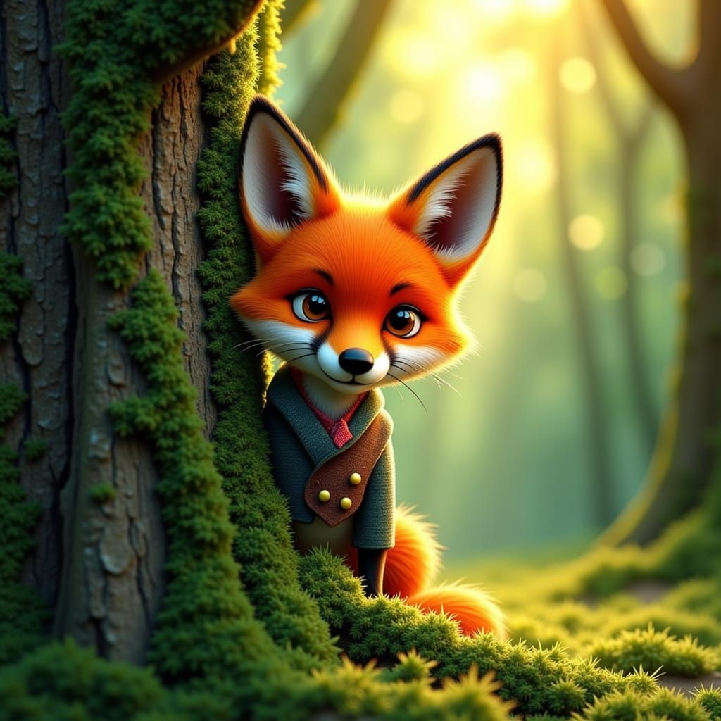 Mischievous Fox in Tweed Waistcoat Peering from Oak Tree