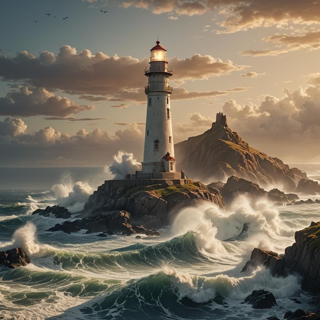 Dramatic Oceanscape: Lighthouse at Golden Hour