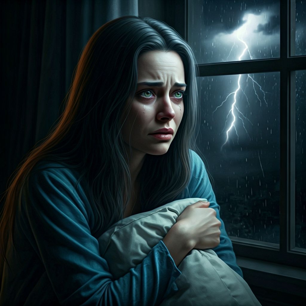 Woman Crying in Moonlight Watching Stormy Rain