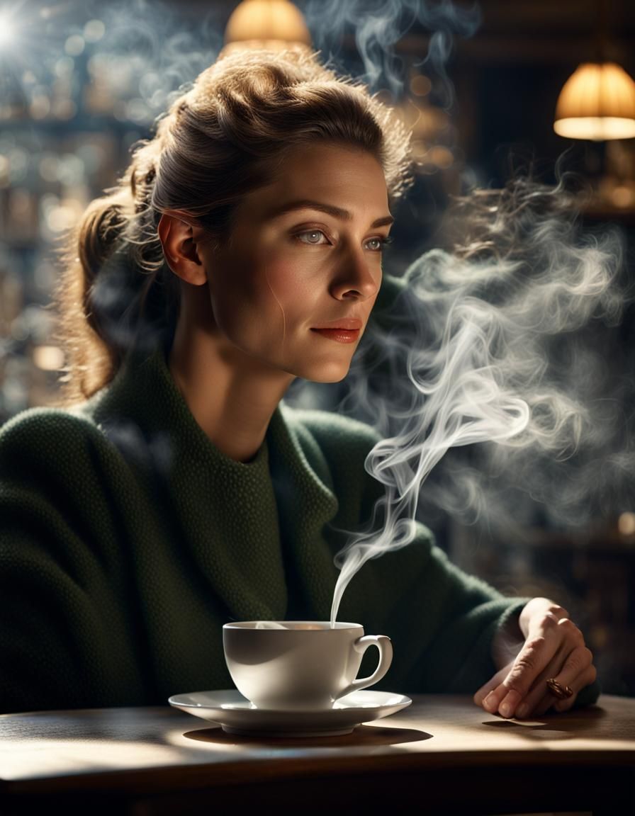 Beautiful Woman Enjoying Tea in Cafe, Photorealistic