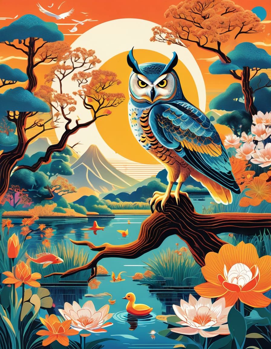 Retro Tapestry Owl and Duck Illustration