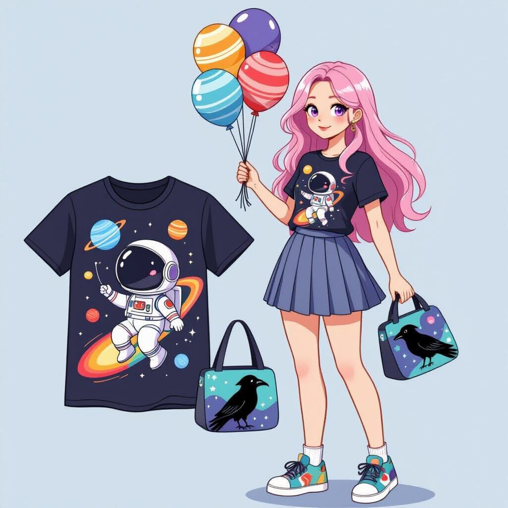 Woman with Pink Hair and Raven Shoes Holds Solar System Ball...