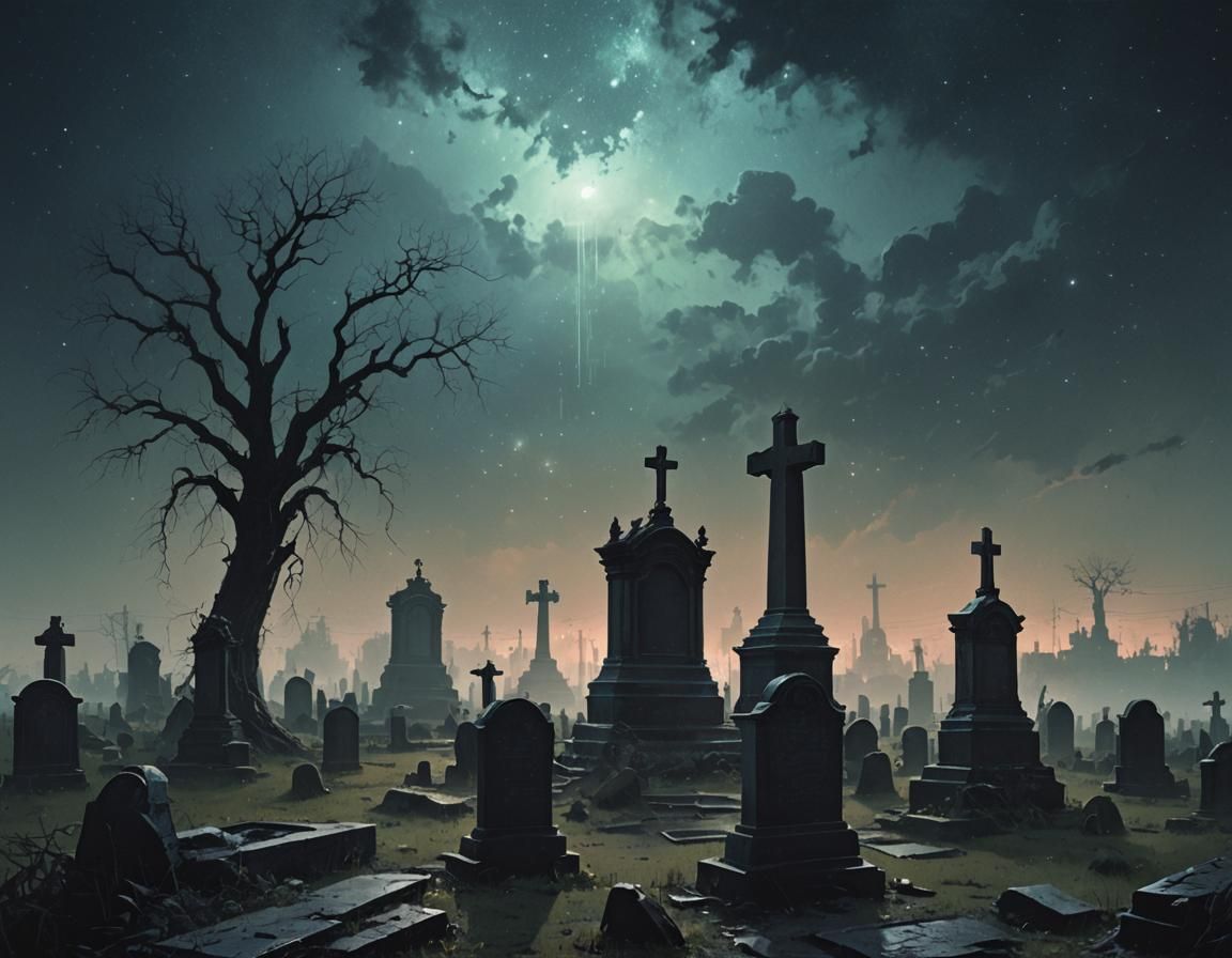 Haunted Graveyard with Starry Sky, a Digital Illustration