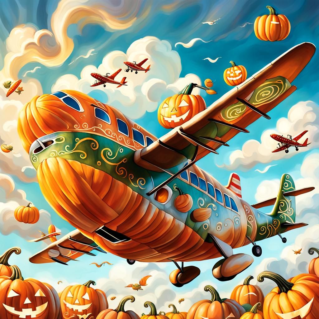 Pumpkin Airplane in Flight: Whimsical Folk Art