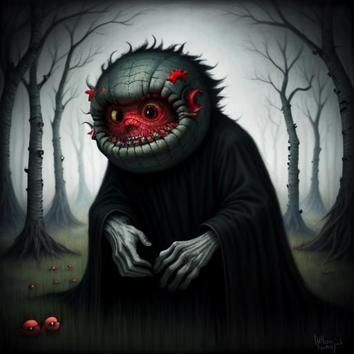 Sinister Fuzzy Creature in Birch Forest, Pixar Style