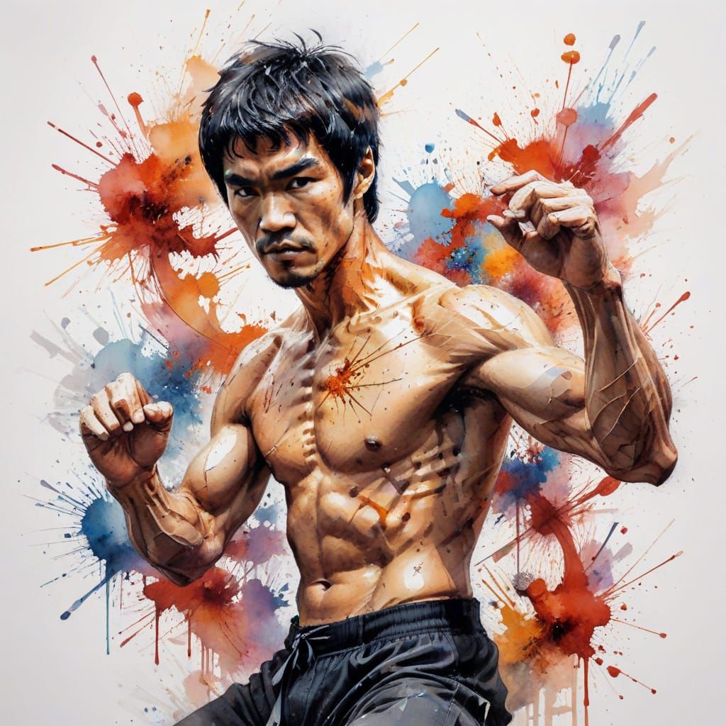 Bruce Lee in Dynamic Watercolour Karate Pose