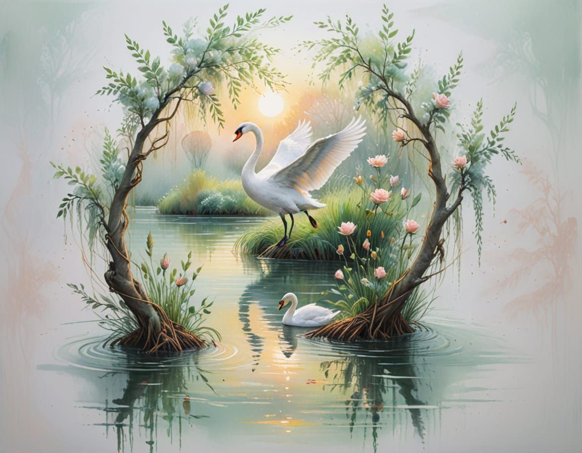 Swans on Glassy Water in Rose-Gold Light