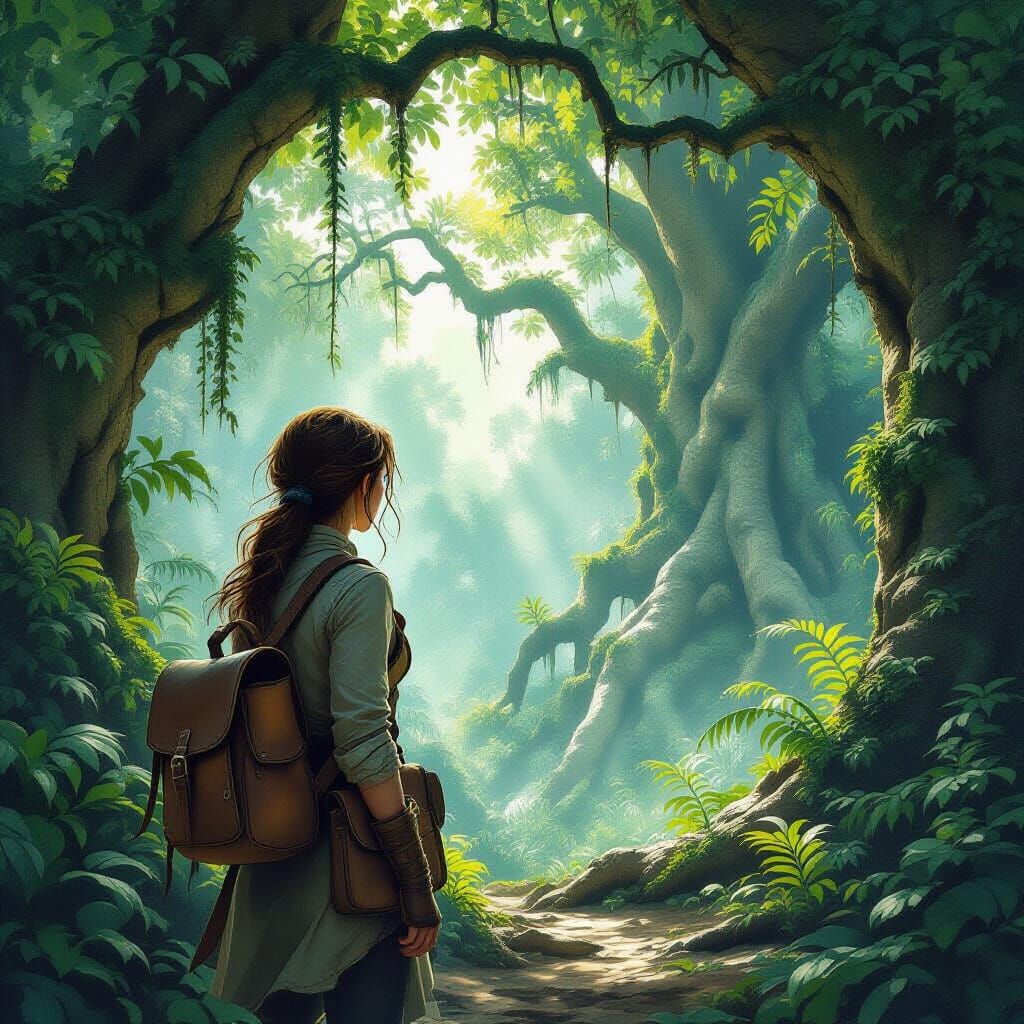 Explorer at Ancient Forest Edge, Cinematic Lighting