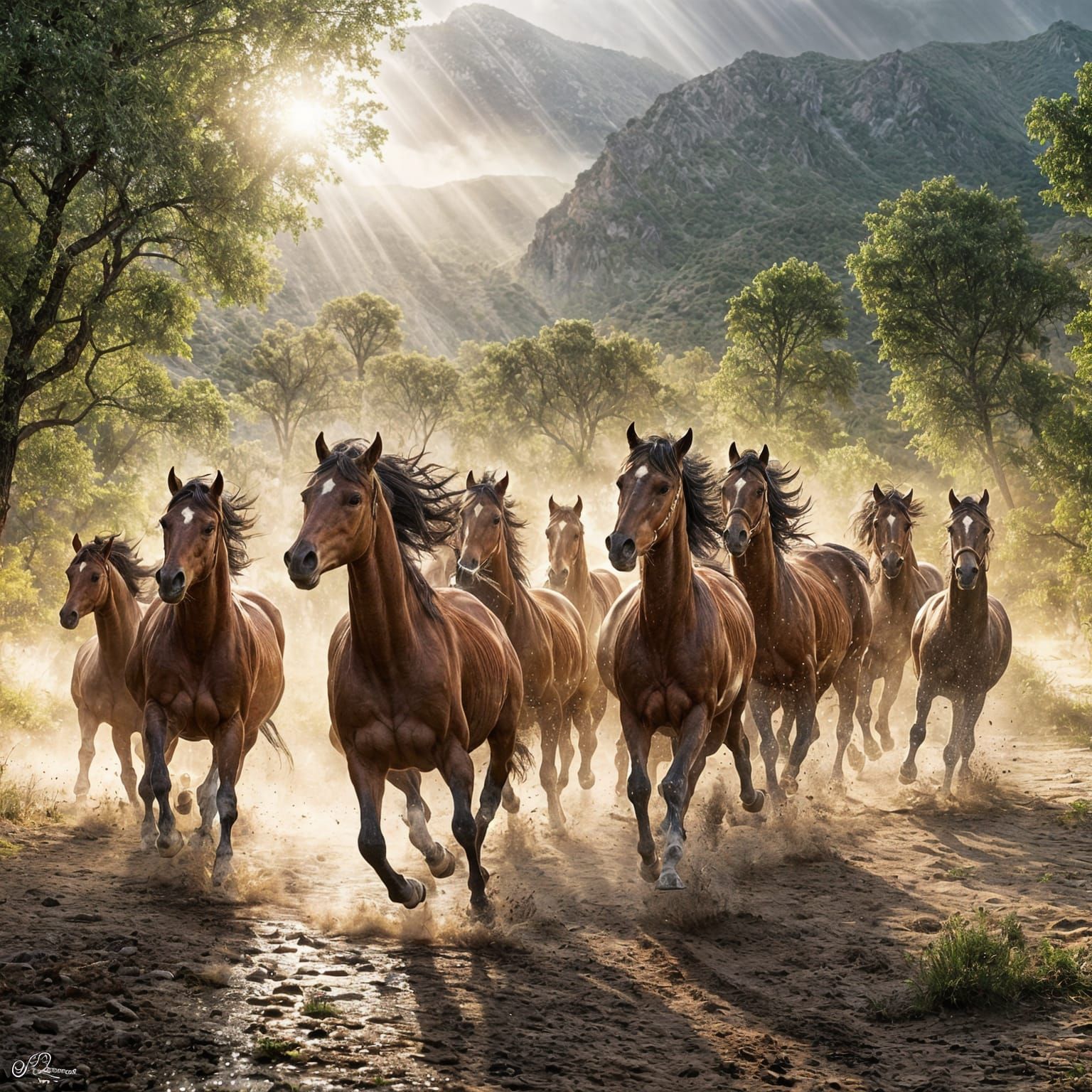Wild Arabian Horses Gallop Through Rainstorm in Hyper Realis...