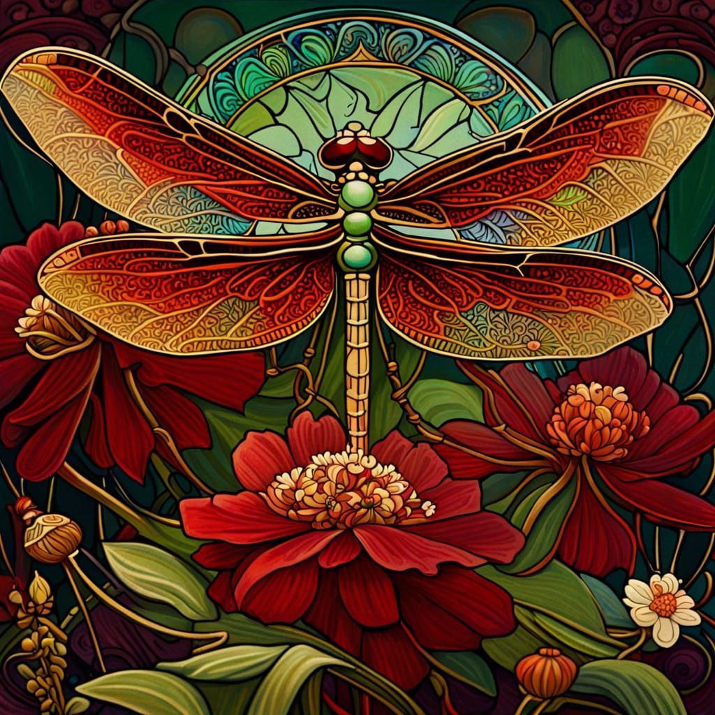 Dragonfly on Trumpet Flowers as Stained Glass