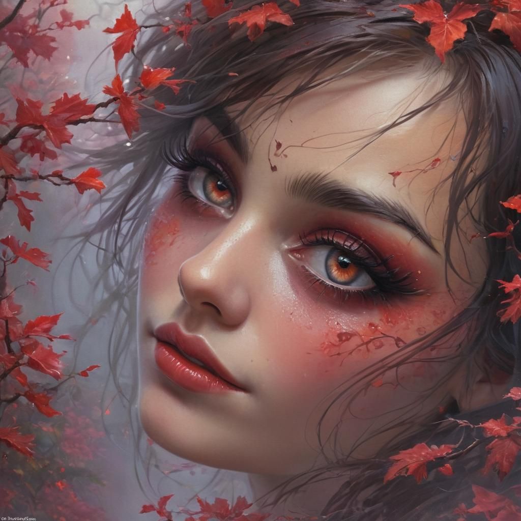 Fiery Demon Woman with Red Eyes Crying Blood