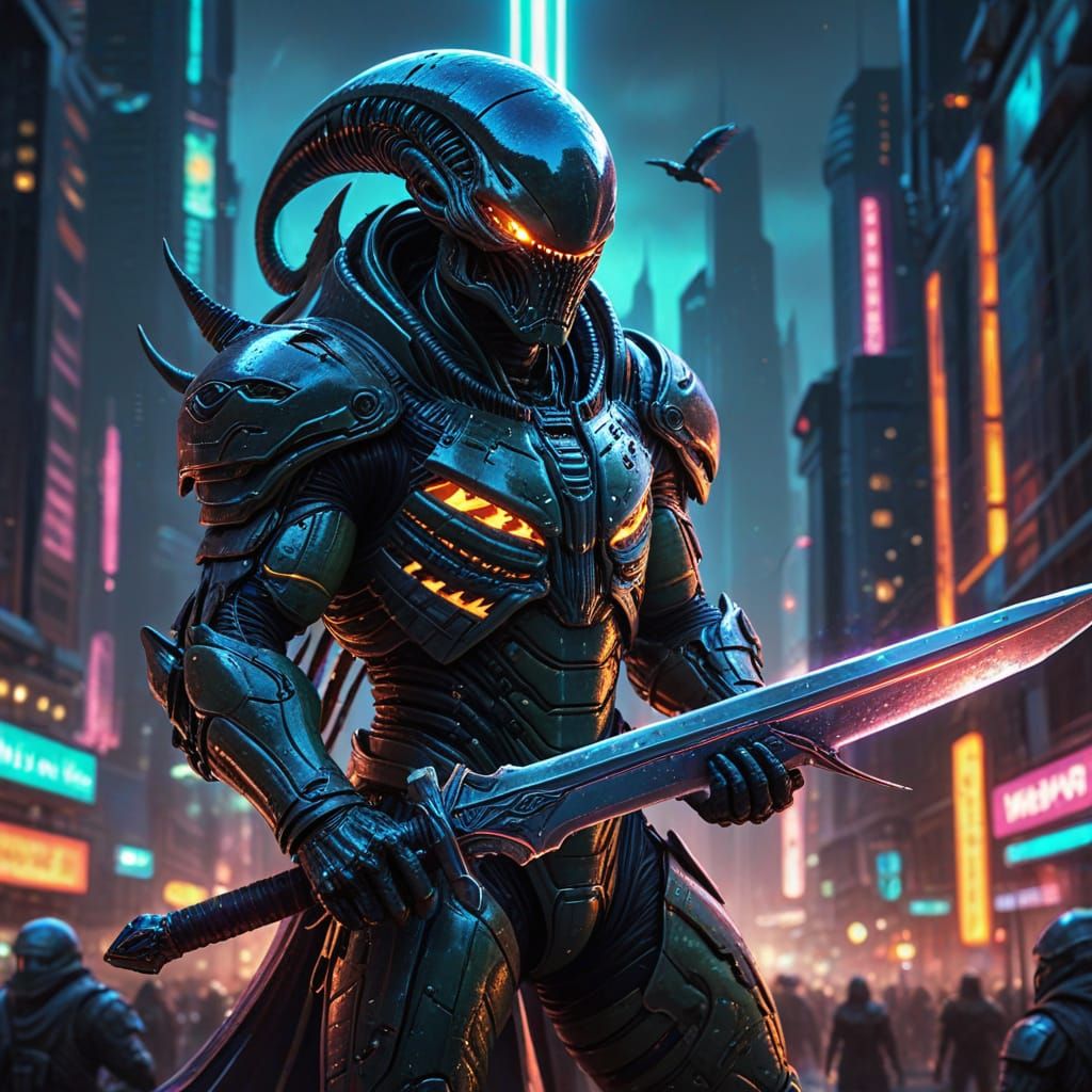 Alien Warrior in Futuristic Cityscape: Sci-Fi Concept Art