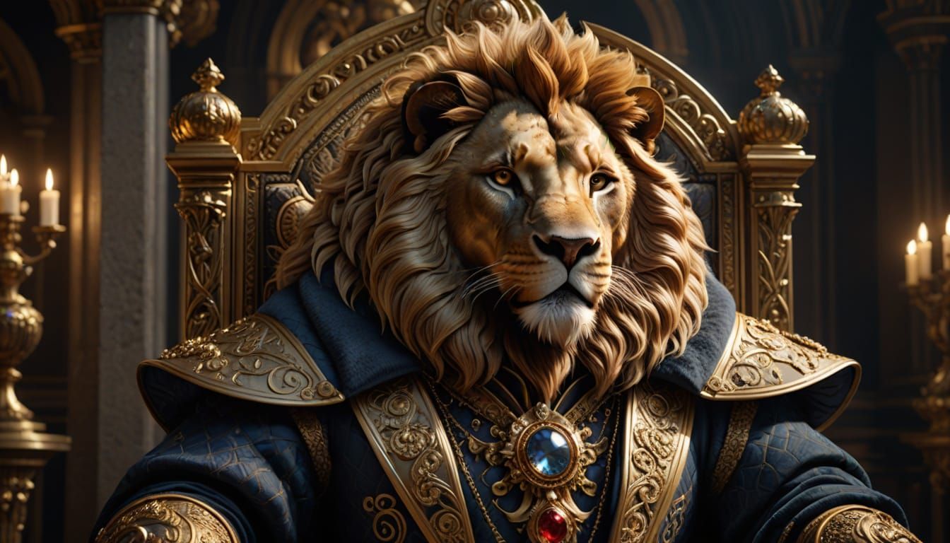 Majestic Lion on Grand Baroque Throne in Golden Haze