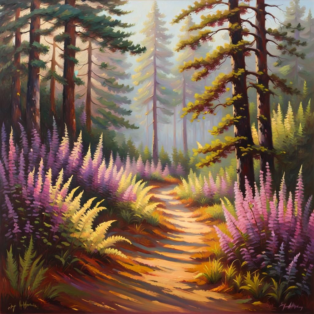 Impressionist Forest Path in Golden Hour Light