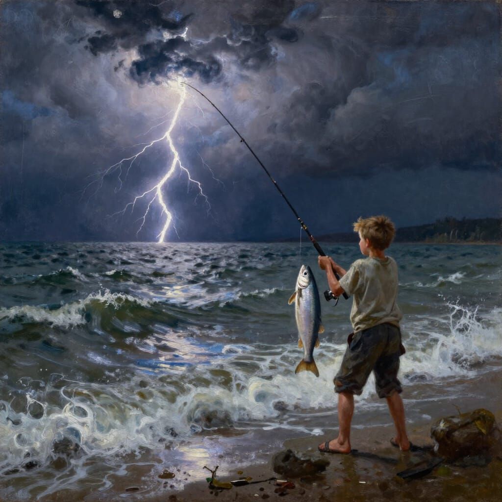 Boy Fights Giant Fish on Stormy Lake