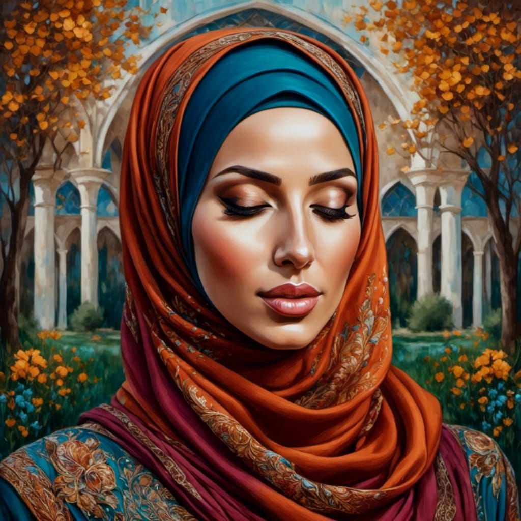 European Woman in Hijab with Closed Eyes