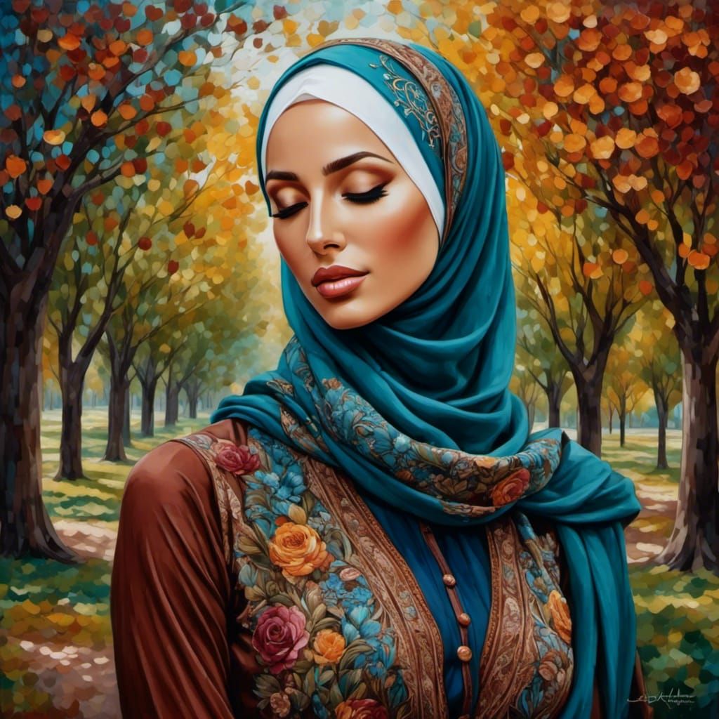 Modest European Woman in Hijab, Fantasy Oil Painting