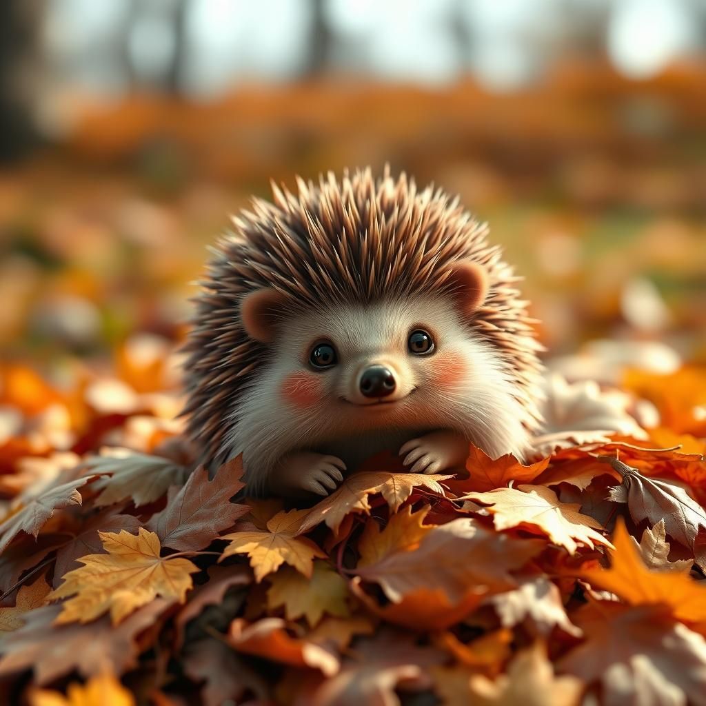 Hyperrealistic CGI Hedgehog in Autumn Leaves