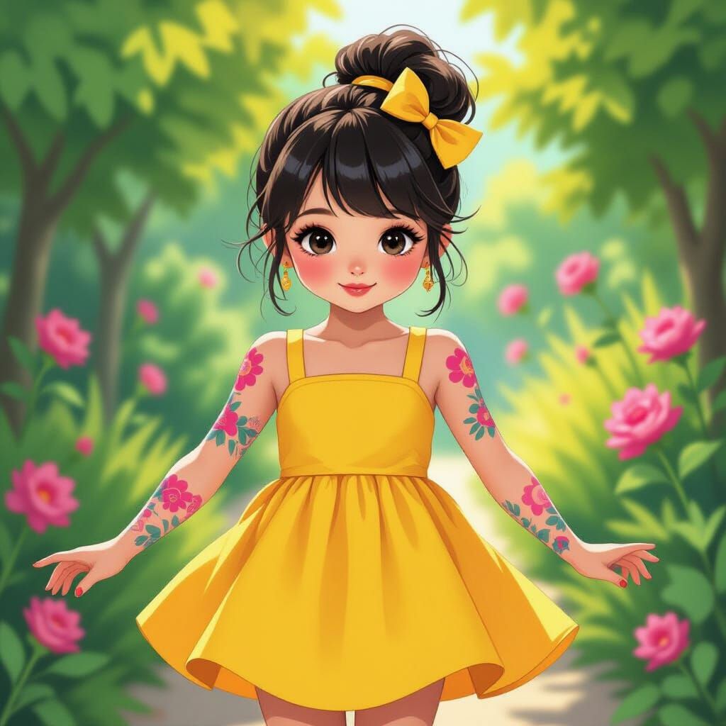 Cute Chinese Girl with Pink Tattoos in Manga Style