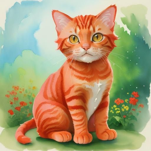 Red Tabby Cat in Gouache Watercolor Style