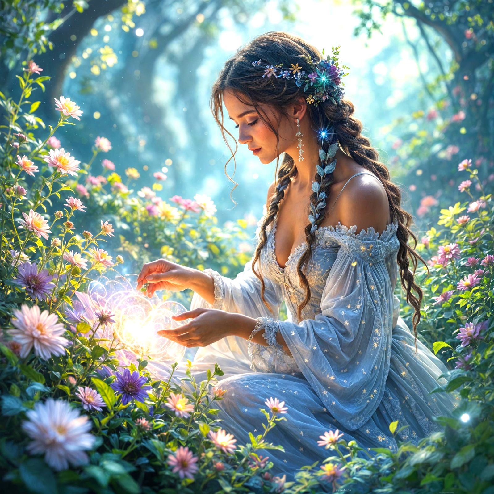 Cosmic Herbalist in Nebula Garden, Hyper-Fantasy Art