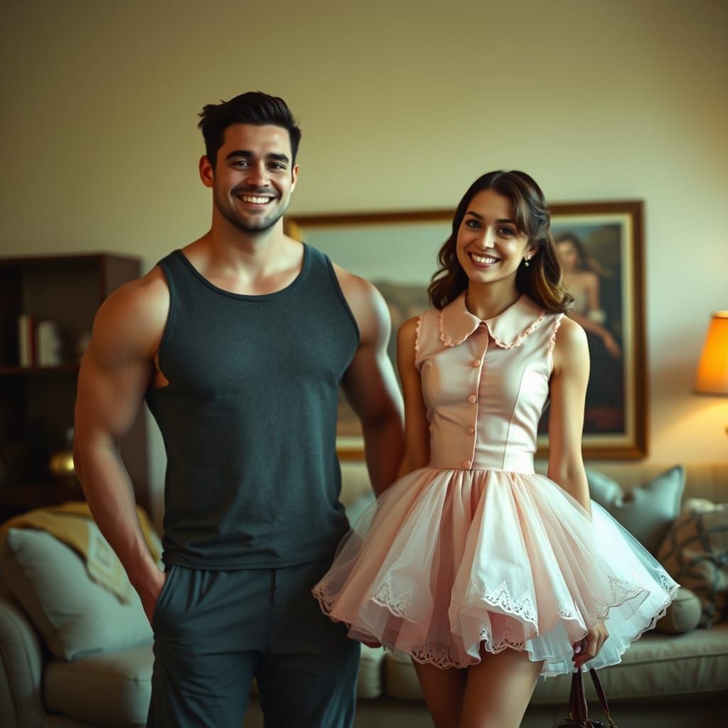 Handsome Couple Embracing Vintage Glamour in Cozy Living Roo...