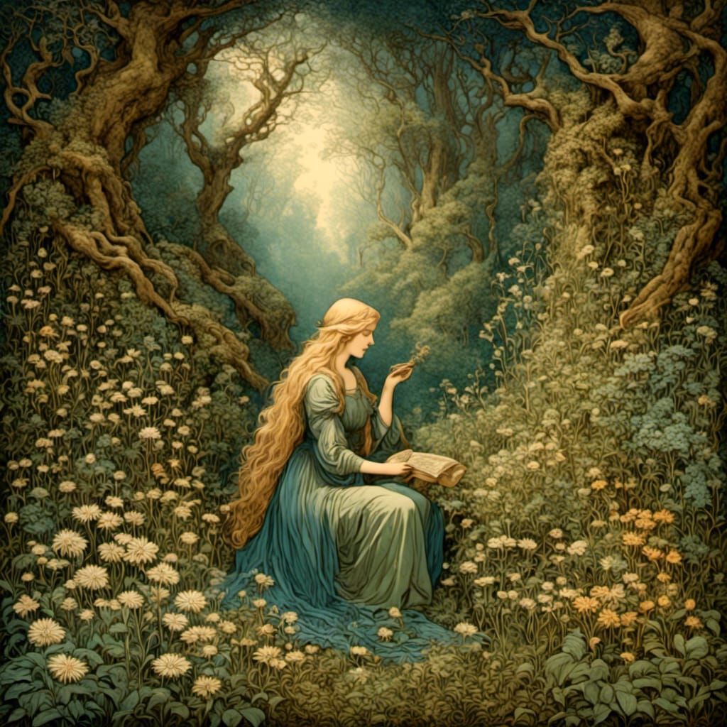Enchanted Forest Tapestry: Blond Woman Wildcrafting