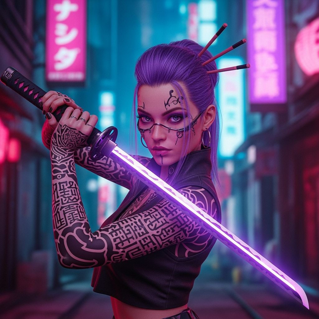 Cyberpunk Rebel with Katana in Blade Runner Alley