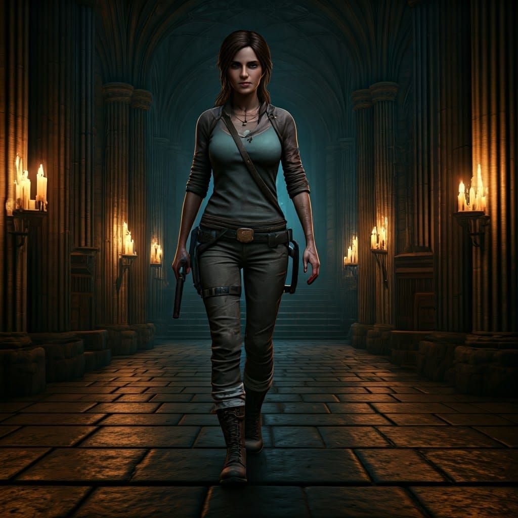 Hermione Granger as Lara Croft in Hogwarts