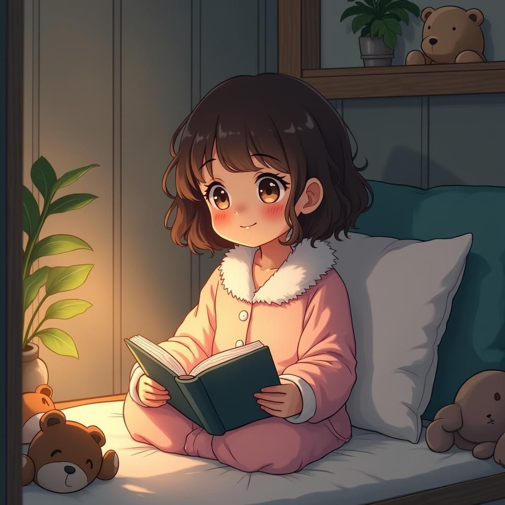 Anime Girl Reading in Cozy Nook with Lamplight