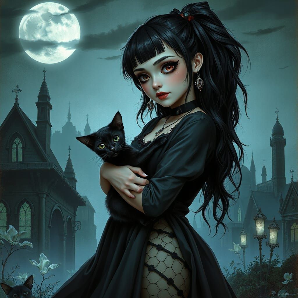 Gothic Emo Girl with Siamese Cat in Moonlit Cityscape