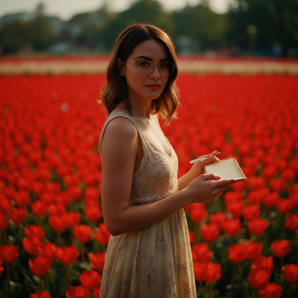 Woman in Red Tulip Field, Cinematic Film Still
