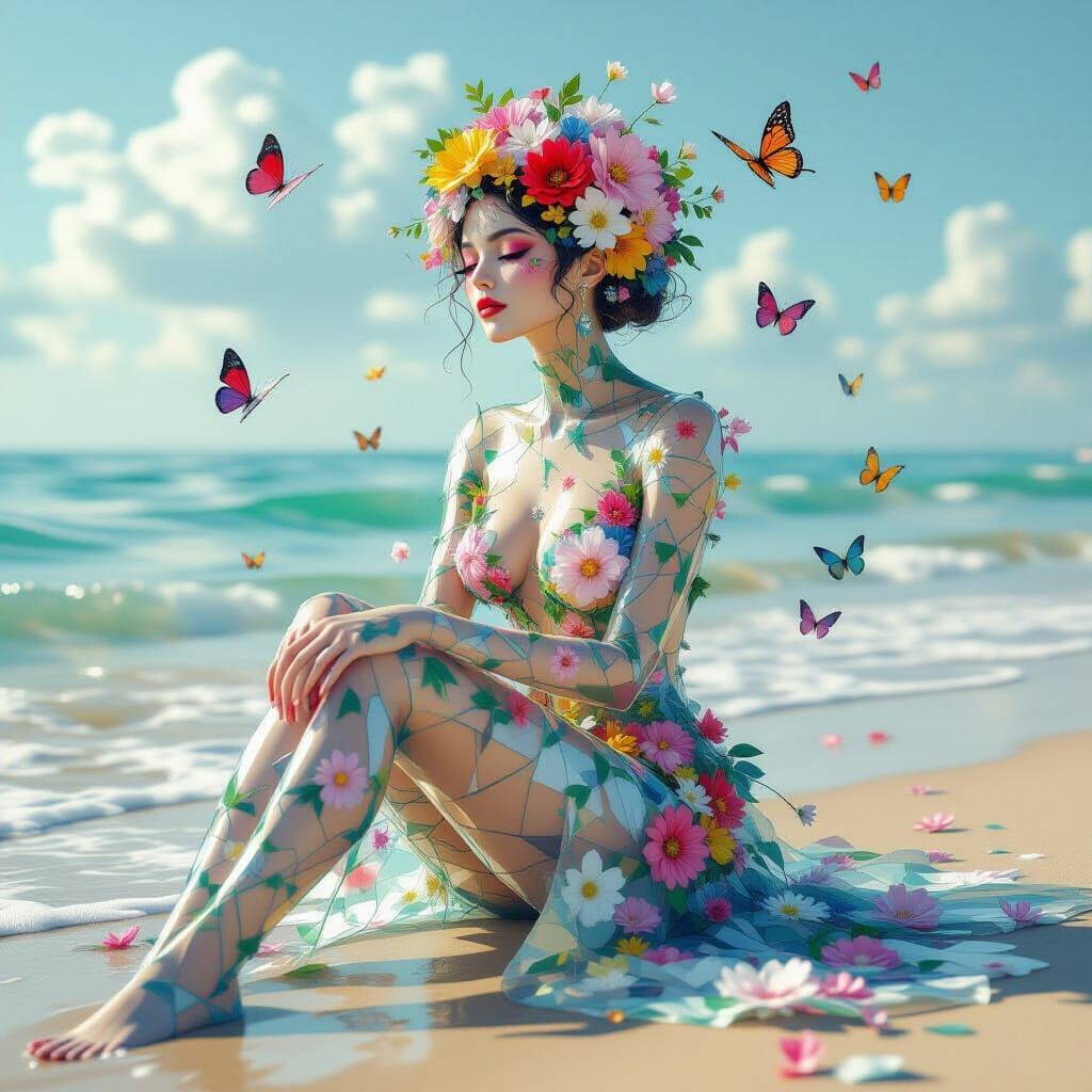 Glass Woman Filled With Flowers On Seashore