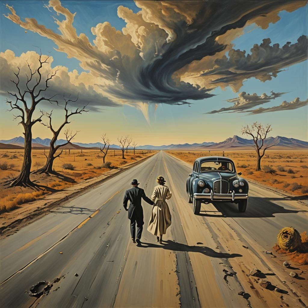 Surrealist Couple Chasing Tire, Dali Style