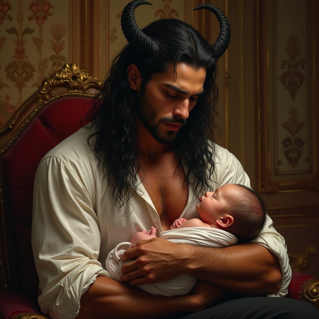 Dark Majesty Cradles Newborn in Opulent Royal Bedroom