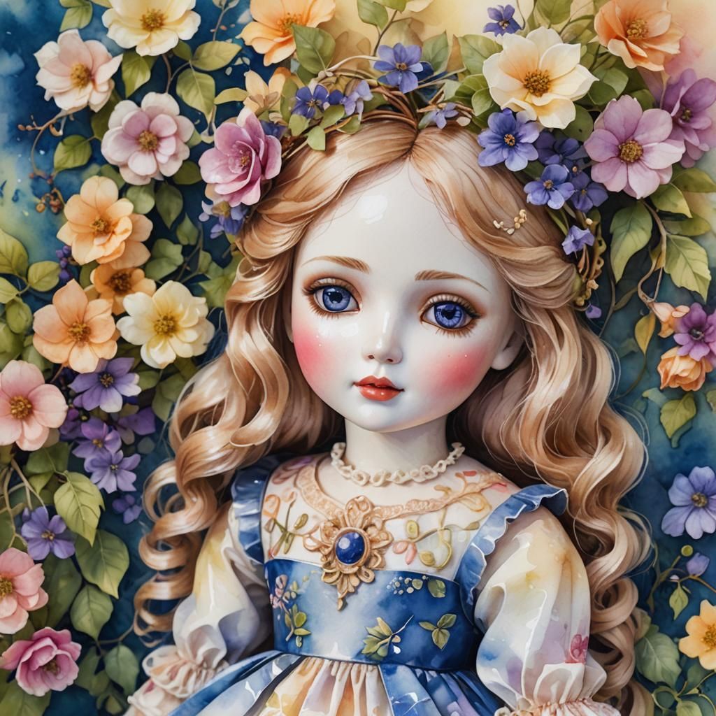 Porcelain Doll in Whimsical Garden, Watercolor Art